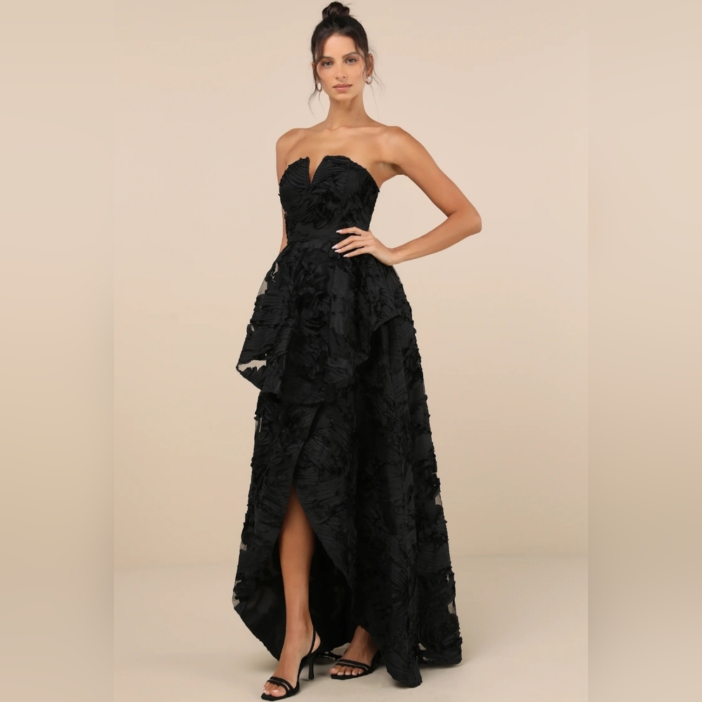 NWT Lulu's Black Strapless Textured High Low Dress Size Small=2/4